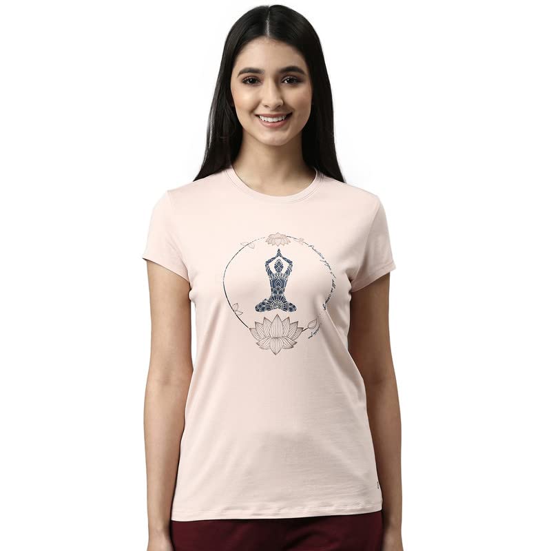 Enamor Essentials Short Sleeve Round Neck Slim Fit Stretch Cotton Tshirt for Womens-E147 (E147_Rosewater_S)