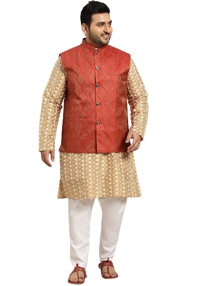 SOJANYA (Since 1958 Mens Silk Blend Dark Gold Embroidered Kurta & Self Design Nehru Jacket with White Churidar Set Size-4XL