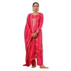 Ishin Women'S Poly Silk Self Design Fuchsia Straight Kurta Suit Set With Trousers And Dupatta