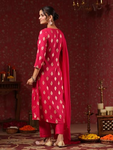 Ishin WomenS Magenta Foil Print Zari Work A-Line Kurta Suit Set With Trousers & Dupatta
