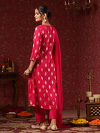 Ishin WomenS Magenta Foil Print Zari Work A-Line Kurta Suit Set With Trousers & Dupatta