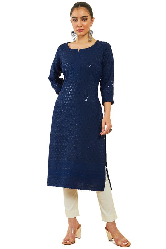 Soch Women Rayon Sequin Embroidered Boat-Neck Straight Kurta