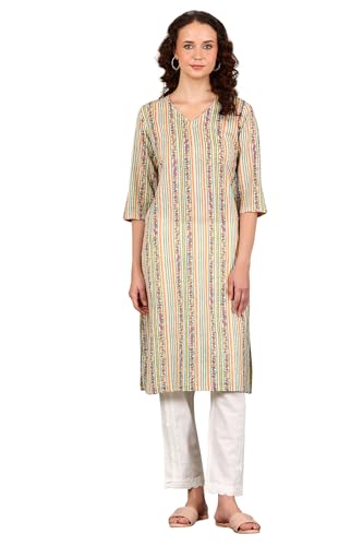 W For Woman Off White Floral Printed And Multi-Coloured Stripe Printed Cotton Blend Kurta (Size: M)-24Auw12216-124962