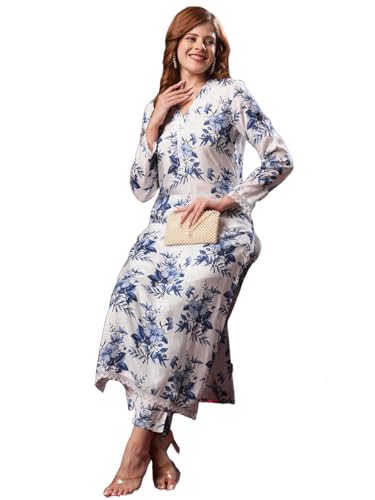 ANNI DESIGNER Womens Cotton Blend Straight Printed Kurta with Pant (Pivar White_M_White_Medium)