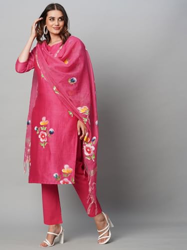 ANNI DESIGNER Womens Cotton Blend Straight Printed Kurta with Pant & Dupatta (Natkat Pink_L_Pink_Large)