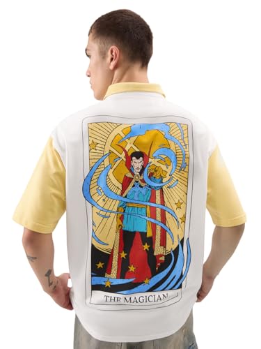 The Souled Store Official Tarot: Doctor Strange Men And Boys Short Sleeve Collared Neck White And Yellow Graphic Printed Cotton 