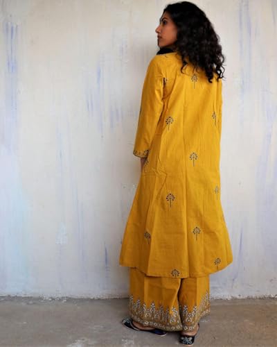 ANNI DESIGNER Womens Rayon Viscose Anarkali Printed Kurta with Palazzo (HANAYA Yellow_XXL_Yellow_XX-Large)