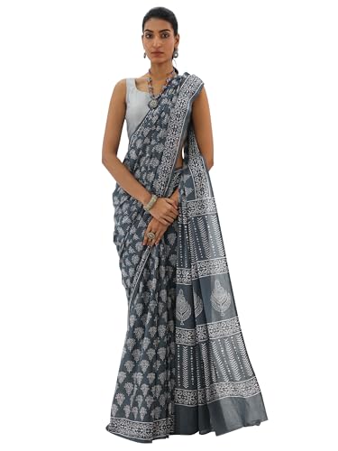 Libas Grey Printed Cotton Saree For Women