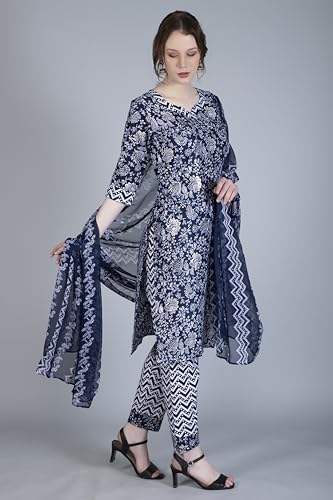 Leriya Fashion Women'S Kurtis With Pant Set || Fully Stitched Cotton Floral Printed Kurti With Chevron Printed Bottom For Women || Regular || Festival Wear Kurti Bottom Set For Women