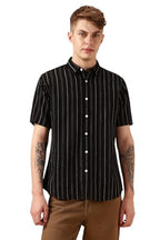 Dennis Lingo Men Black Polycotton Dobby Half Sleeve Spread Collar Stripes Shirts
