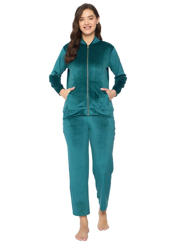 Clovia WomenS Chic Basic Jacket & Pyjama Set - Velour (Lsw731P17_Green_Xxl)