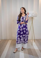 ANNI DESIGNER Womens Rayon Blend Chikankari Embroidered Straight Kurta (SCEROS Violet_L_Violet_Large)