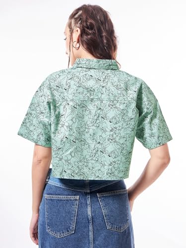 Bewakoof Official Looney Tunes Merchandise Womens All Over Printed Oversized Fit Half Sleeve Collared Cotton Crop Shirt_628170_