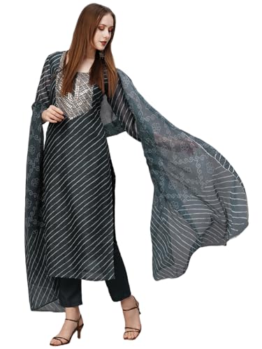 ANNI DESIGNER Womens Cotton Blend Straight Printed Kurta with Pant & Dupatta (Doremi Black_M_Black_Medium)