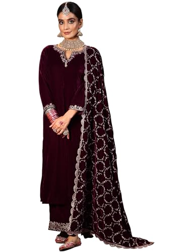Libas Womens Embellished Velvet Straight Kurta With Palazzos And Dupatta