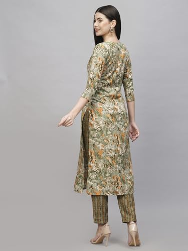 ANNI DESIGNER Womens Cotton Blend Straight Printed Kurta with Pant (Seep Green_M_Green_Medium)