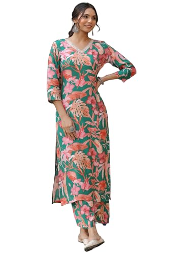 ANNI DESIGNER Womens Cotton Blend Straight Printed Kurta with Palazzo (Chinki Green_L_Green_Large)