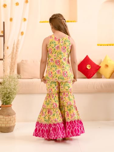 Pspeaches Girls Floral Printed Pure Cotton Kurta With Sharara With Dupatta