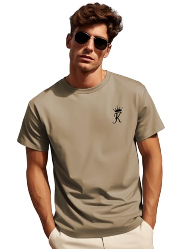 ADRO Men's Solid Regular Fit T-Shirt (RN24-STICK-KK-BE_Beige