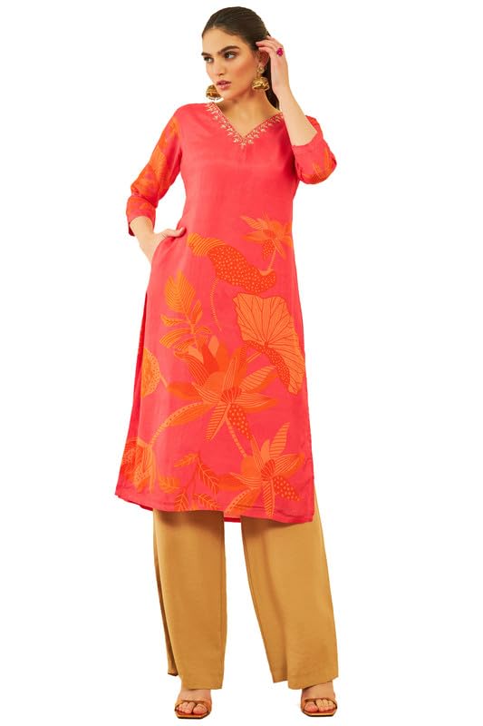 Soch Women Muslin Placement Print Straight Kurta with Beads and Stones