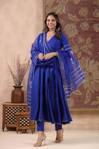 ANNI DESIGNER Womens Rayon Blend Anarkali Solid Kurta with Pant & Dupatta (NIRMOOHA Royal Blue_L_Blue_Large)