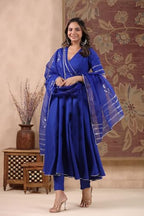 ANNI DESIGNER Womens Rayon Blend Anarkali Solid Kurta with Pant & Dupatta (NIRMOOHA Royal Blue_L_Blue_Large)