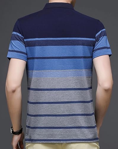 EYEBOGLER Mens Designer Half Sleeves Polo Neck Striped T-Shirt Blue