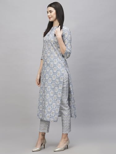 ANNI DESIGNER Womens Cotton Blend Straight Printed Kurta with Pant (Babita Grey-NW_S_Grey_Small)