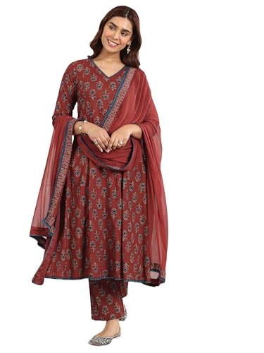 Libas Maroon Printed Cotton A-Line Kurta Set For Women (400040Orxxl)