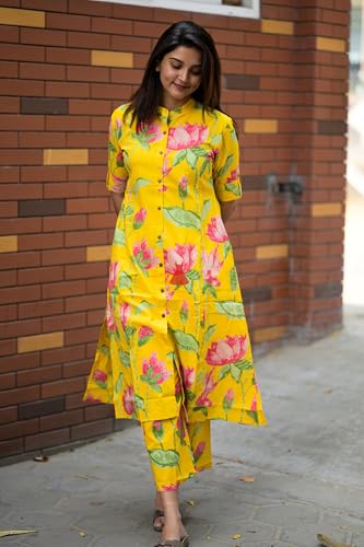 ANNI DESIGNER Womens Rayon Viscose Straight Printed Kurta with Pant (Ladat Yellow_M_Yellow_Medium)