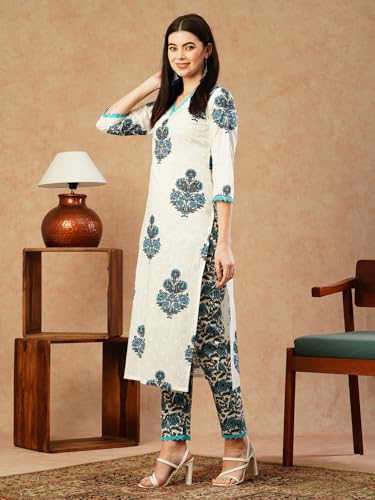 ANNI DESIGNER Womens Cotton Blend Straight Printed Kurta & Pant (Cheer White_M_White_Medium)
