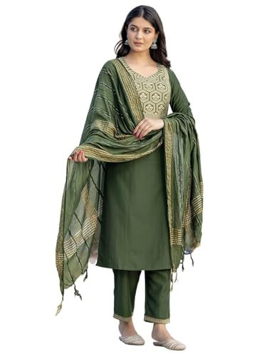 Sanisa Women'S Chinnon Weaving Straight Kurta With Pant And Dupatta Set (228Kbd2414N-Xxl_Olive Green)