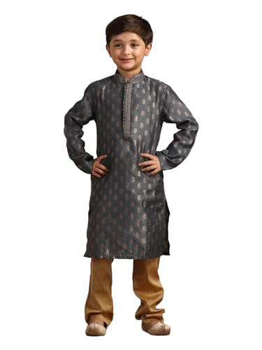 Manyavar Boys Grey Art Silk Kurta Pyjama Set(10-12 Years)