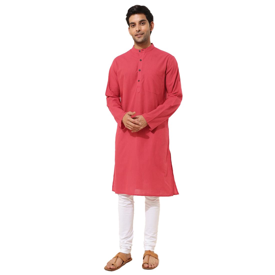Fabindia MenS Cotton Striped Slim Long Kurta (1038422Pink_Pink