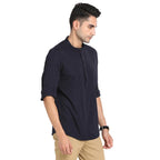Turtle Men Cotton Knitted Solid Slim Fit Navy Casual Kurta