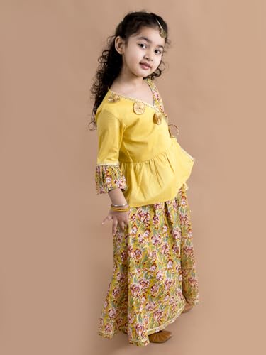 Pspeaches Girls Cotton Fit and Flare Floor Length Dress (IW-floralmustard-7_Mustard