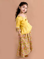 Pspeaches Girls Mustard Yellow Floral Printed Angrakha Pure Cotton Kurti With Palazzos