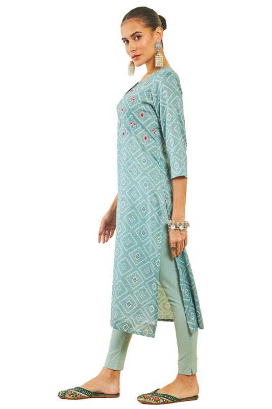 Soch Womens Grey Rayon Kurta With Bandhani Print And Hand Embroidery