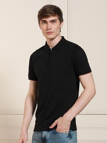 Dennis Lingo Mens Black Solid Polo Neck Half Sleeves Regular Fit T-Shirts (Dlmtsw23091_Bk, Black, M)