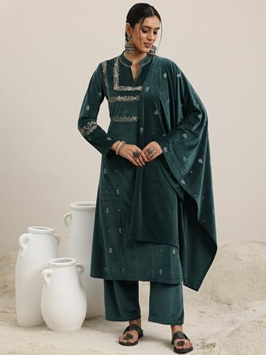Libas WomenS Velvet Embroidered Kurta Set (48791W_Green
