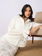 The Souled Store Cotton Linen: Ivory Women and Girls Long Sleeves Collared Neck Button Front Solid Regular Fit Cotton Linen Shir