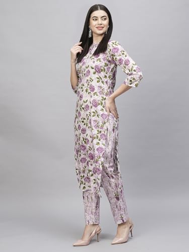 ANNI DESIGNER Womens Cotton Blend Straight Printed Kurta with Pant (Dafiya Purple_L_Purple_Large)