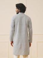 Jompers Men Grey Chikankari Embroidered Kurtas