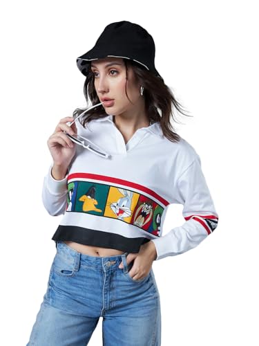 Bewakoof Official Looney Tunes Merchandise Womens Graphic Printed Oversized Fit Full Sleeve Cotton Polo Short Top_615089_White_