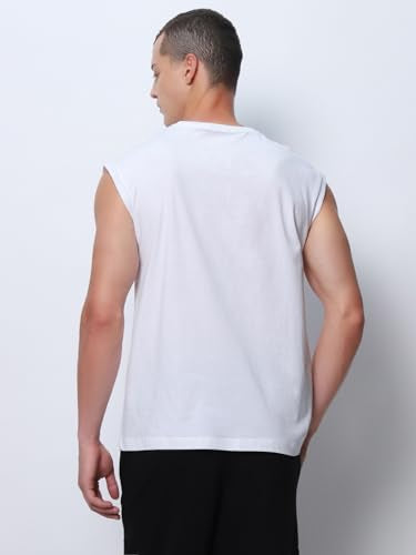 Bewakoof MenS Solid Oversized Fit Sleeveless Round Neck Cotton Vest_500148_White_L