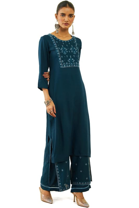 Soch Womens Blue Rayon Slub Embroidered Straight Kurta Sets With Layered Palazzo
