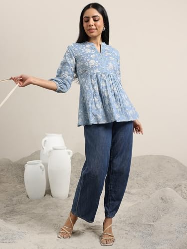 Libas WomenS Cotton Printed Regular Kurtis (98003Or Blue