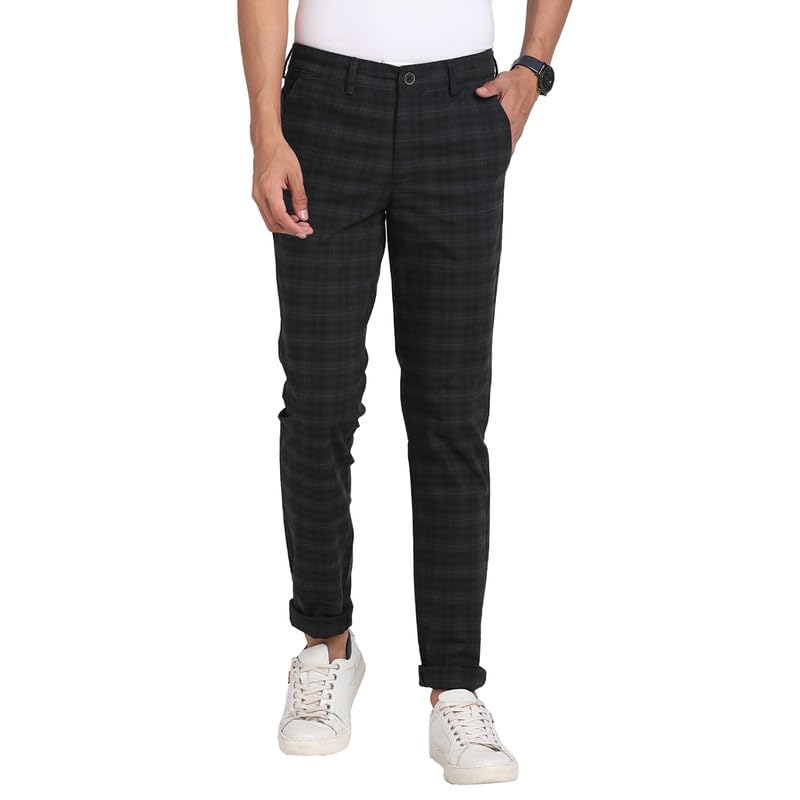 Turtle Men Cotton Stretch Black Checkered Narrow Fit Flat Front Casual Trouser