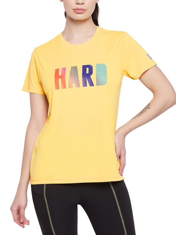 Clovia Womens Comfort-Fit Text Print Active T-Shirt (AT0160A02_Yellow_S)