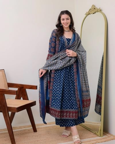 Anni Designer Women'S Pure Cotton Anarkali Kurta Set For Women With Dupatta & Plazzo ??Hand Block Print Suit Set | Stylish Dress | Cotton Kurta Set For Women